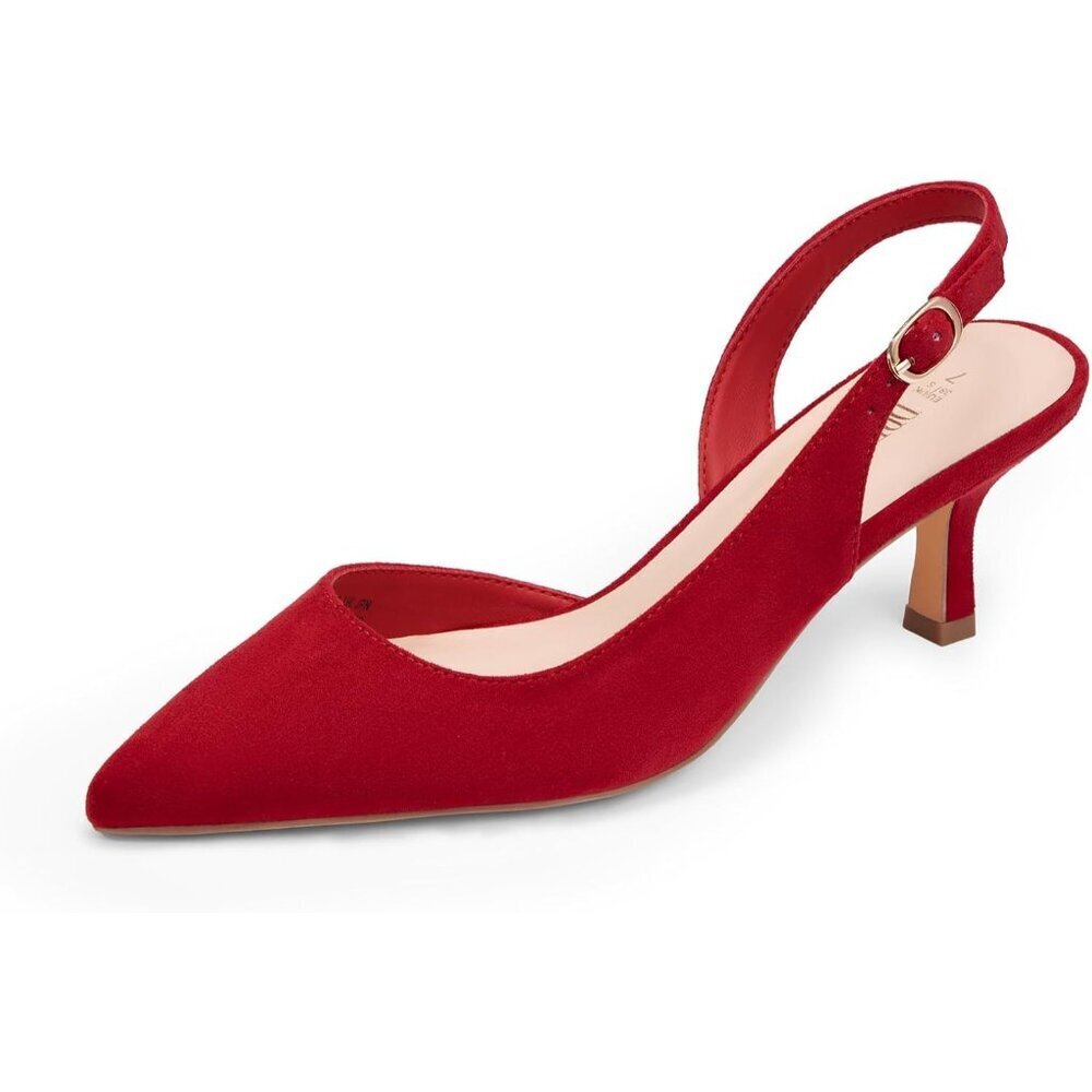 Women's Red-Suede Slingback Pointed Toe Low Pumps Casual Stylish Kitten Heel